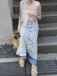 FRIFUL Women's White Solid Sheer Lace Overlay Loose Casual Dress, Versatile For Autumn Summer Women Dresses Sundress Maxi Dress - Beige - View 5