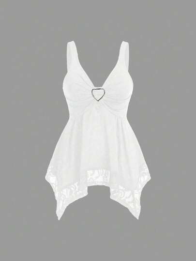 Sweetra Áo ba lỗ ren trang trí hình trái tim và họa tiết hoa cho nữ Y2K