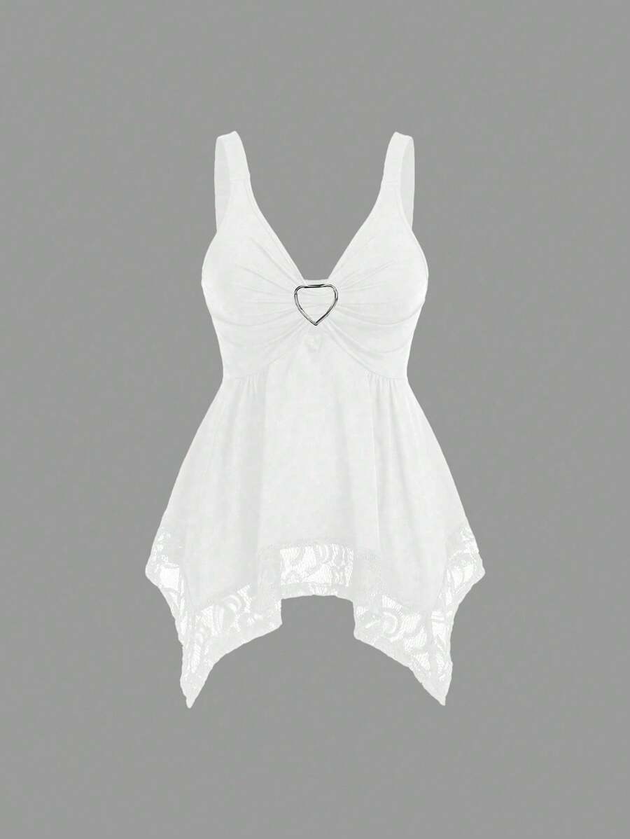 Sweetra Women Lace Decorated Heart Shaped And Floral Splicing Tank Top Y2K - White - View 1
