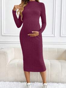 SHEIN 孕妇装简约休闲纯色保暖罗纹针织连衣裙，秋季 - 紫色 - 查看 3