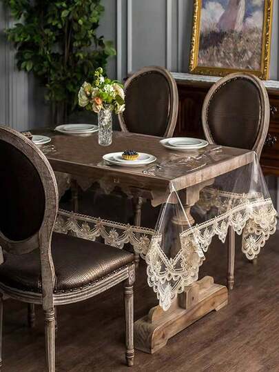 SHEIN 1 Piece, PVC Rectangular Embroidered Tablecloth, Waterproof And Oil Resistant Lace Lace Table Cover, Elegant Dining Kitchen Tabletop Decoration, Breakfast Table Coffee Tabletop Covering, Parties, Holidays, Outdoor Tabletop Decoration.