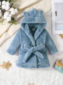 Baby Boy Simple Fashion Blue Long Sleeve Hooded Tie Waist Warm Bathrobe Sleepwear - Blue - View 3