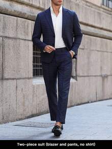 Manfinity Bizformal 男士商务格纹印花翻领西装外套和裤子套装，蓝色格纹男士两件套办公室，Old Money - 藏蓝色 - 查看 1
