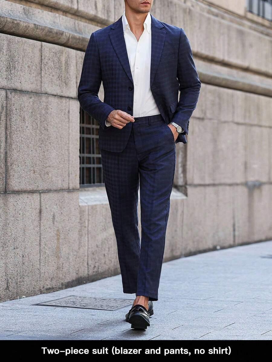 Manfinity Bizformal 男士商务格纹印花翻领西装外套和裤子套装，蓝色格纹男士两件套办公室，Old Money - 藏蓝色 - 查看 1