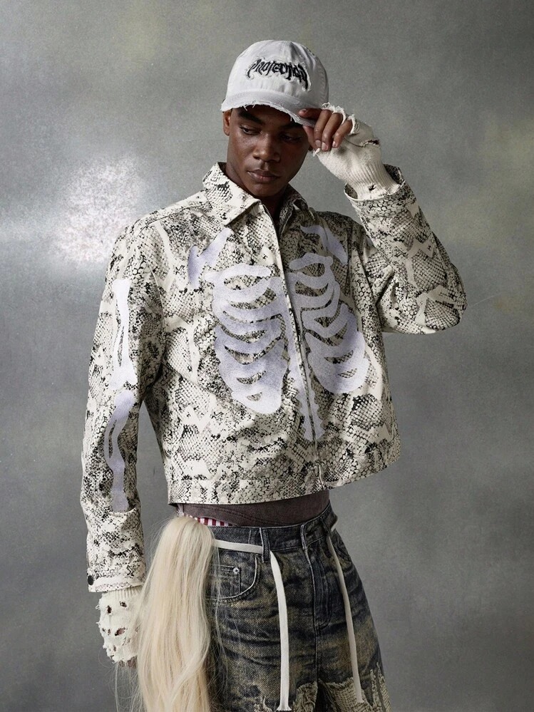 ifsixwasnine 18AW WHITE SNAKE テーラードジャケット NEON BLANC Men's Long Sleeve Halloween Snake Skeleton Print Zip-Up