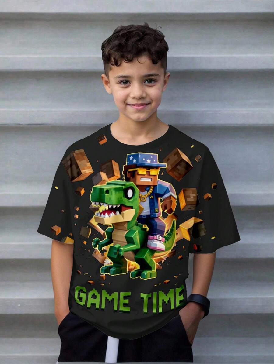 SHEIN Tween Boy Casual Simple Short Sleeve Round Neck T-Shirt, Suitable For Summer Boys Gaming Shirts Pixelated Dinosaur Shirt Block Game Shirt Game Time Shirt - Multicolor - View 1