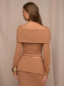 SHEIN BAE Damen Braun Kaschmir gestrickt bequem Herbst und Winter elegant Pendeln einfarbig sexy Off-Shoulder Top, Lässig Pendeln, Erntedankfest, Date Night, Büro, Herbst Tops, Business Lässig Frau, Old Money Stil, Off-Shoulder Top - Kamelfarben - Übersicht 2
