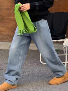 DAZY 男士纯色水洗复古蓝色牛仔裤，秋季 - 藍色 - 查看 6