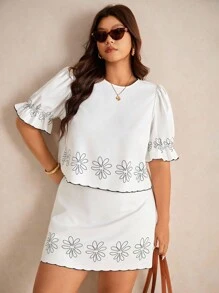 Elaquor Bộ 2 món áo sơ mi và chân váy họa tiết hoa cỡ lớn, trang phục thường ngày ngày lễ - Nhiều màu - Xem 1