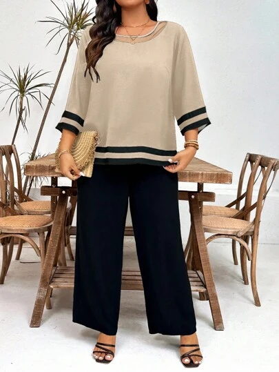 Set de 2 piezas con camisa y pantalones a rayas de talla grande para días festivos y uso casual