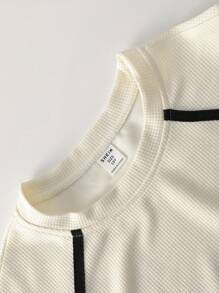 SHEIN Explorewe Kids Boys Textured Print Short Sleeve Shirt,Black And White Summer Casual Top,Polo Collar Versatile Fashion For Outdoor,Travel & City Break - Apricot - View 9