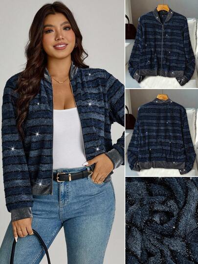 Comfylo Plus Size Women Striped Glitter Baseball Jacket In Fall/Winter