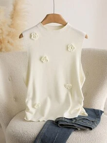 CosyJoli Plus Size Women's Floral 3D Decor Round Neck Knitted Vest 3d Flower Top Cute Top Pastel Yellow Top Sleeveless Top Cream Top In Fall/Winter - White - View 1