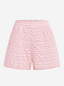 青少年女孩休闲提花针织中式领无袖上衣和褶皱短裤两件套西装 - 粉色 - 查看 8