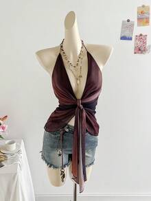 Soleia 女士浪漫假期性感复古渐变色褶皱系带 V 领露背吊带背心，适合节日约会、下午茶、海滩、游轮、公路旅行、婚礼季、音乐节、波西米亚风度假 - 咖啡棕 - 查看 6