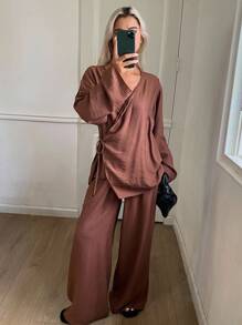 Livesso 2 piezas Conjunto de top de manga larga con cintura ceñida y pantalones casuales para mujer - Marrón - Ver 3