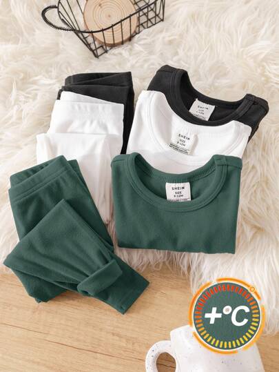 SHEIN 6pcs Baby Boy Minimalist Crew Neck Long Sleeve Top And Pants Soft & Skin-Friendly Solid Color Bodysuit Pajama Set
