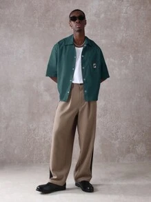 SUMWON Boxy Fit Button Down Collared Workwear Short Sleeve Casual Oversized Shirt Fall Spring - Dark Green - View 1