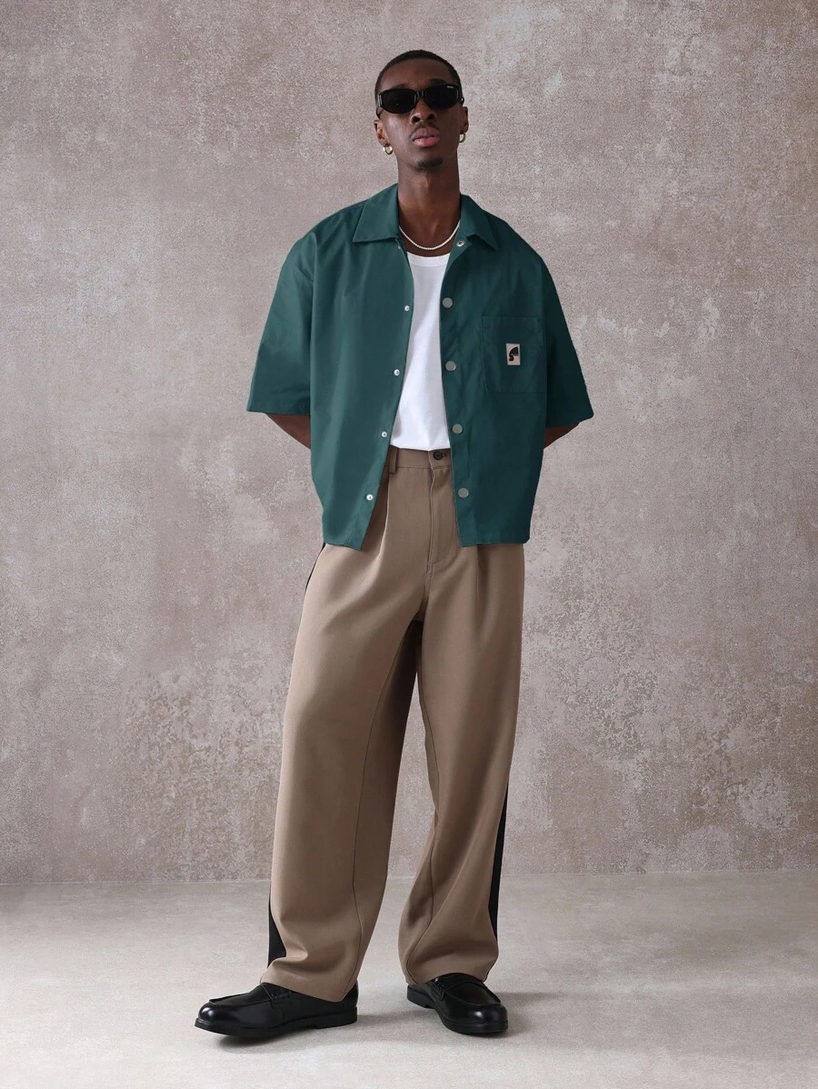 SUMWON Boxy Fit Button Down Collared Workwear Short Sleeve Casual Oversized Shirt Fall Spring - Dark Green - View 1