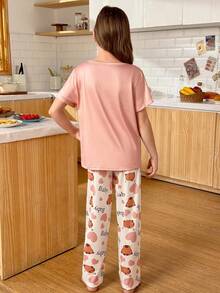 SHEIN 卡通动物印花女童睡衣套装，短袖上衣和长裤 - 彩色 - 查看 2