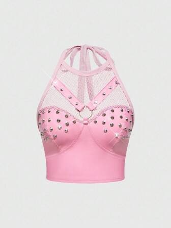 Grunge Punk Canotta sexy punk in PU con inserti in rete, collo alto, decorata con rivetti in metallo