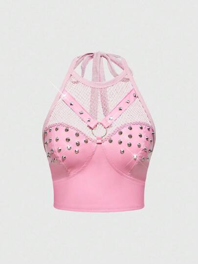 Grunge Punk Canotta sexy punk in PU con inserti in rete, collo alto, decorata con rivetti in metallo