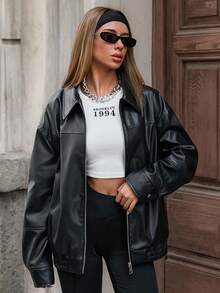 EURMUSE Fashionable Versatile Solid Color Loose Fit Jacket Everyday Traveling Black Autumn Casual Grunge - Black - View 3