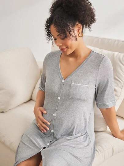BloomMama Maternity Loungewear - Short Sleeve Top + Knee-Length Jumpsuit Breastfeeding Pajamas Postpartum Loungewear Sleepwear Women Button Front