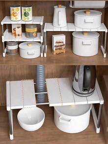 SHEIN 1pc 1/2/3 Layers Flexible Vertical Storage Rack, Stainless Steel Support Frame, Plastic Panel, Adjustable Length Size, Suitable For Kitchen Storage, Home Storage, Dormitory Storage