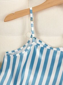 Girls Pajamas, Elegant Blue & White Striped Print, Soft & Comfortable Camisole & Shorts 2 Pieces Set, Suitable For Indoor & Outdoor Wear, Spring/Summer