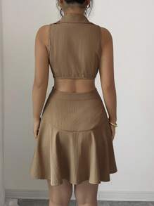 Elenzga فستان صيفي كاجوال للنساء بلون أحادي مزدوج الصدر مفرغ بدون أكمام قصير