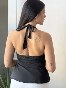 Lucia Bellido Top a babydoll con scollo a V nero, fiocco e schienale aperto, per donne, abbigliamento casual da vacanza adatto per l estate - nero - Visualizzare 2