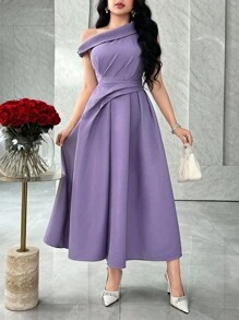 Feyla Váy dự tiệc chữ A nhún bèo vai, eo lệch, thanh lịch, thích hợp cho các buổi tụ tập xã hội - Màu tím - Xem 5