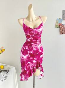 Soleia 女士节日蓝色扎染大花印花低胸交叉露背褶饰不对称下摆荷叶边下摆中长连衣裙，适合派对、约会、情人节、城市街头假日、分层扎染连衣裙粉色扎染连衣裙夏季连衣裙粉色连衣裙生日连衣裙