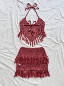 Soleia 2 件波西米亚风流苏露背上衣 + 低腰流苏裙套装，适合派对、约会、情人节、复活节、狂欢节、下午茶、海滩、游轮、城市度假、秋冬 - 棕色 - 查看 2