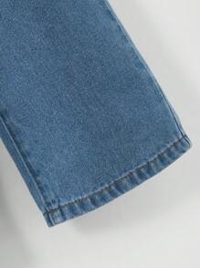 2pcs Girls Casual Denim Cropped Top And Cute Embroidered Denim Pants Comfortable Washed Denim Set - Medium Wash - View 4