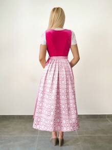 Sweetina Women's Pink Oktoberfest Style Long Dress With Lace Short Sleeve Blouse Set, Bow Decor Pink Dress Dirndl Dress Pink Corset Top Pinafore Dress Milkmaid Dress