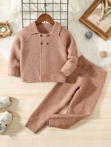 SHEIN Young Boy Raglan Sleeve Double-Breasted Knit Cardigan And Knit Pants Casual Suit,In Fall/Winter