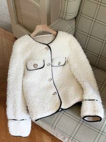 SHEIN EZwear Veste en sherpa à bordure bicolore polyvalente et pour femmes, automne/hiver