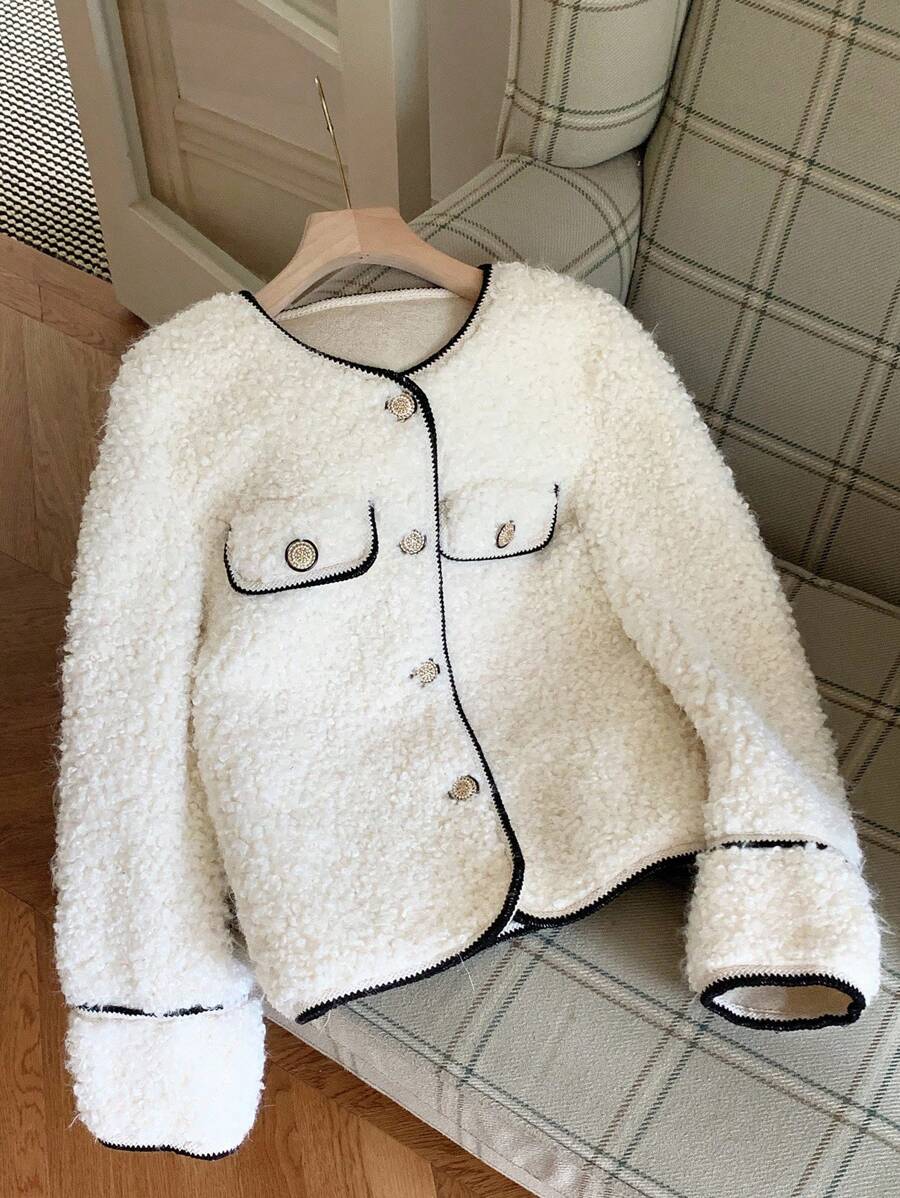 SHEIN EZwear Veste en sherpa à bordure bicolore polyvalente et pour femmes, automne/hiver