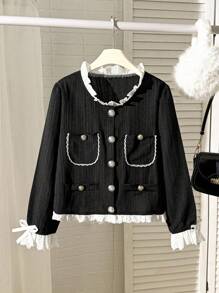 女童荷叶边下摆长袖纽扣设计夹克 - 黑與白 - 查看 1