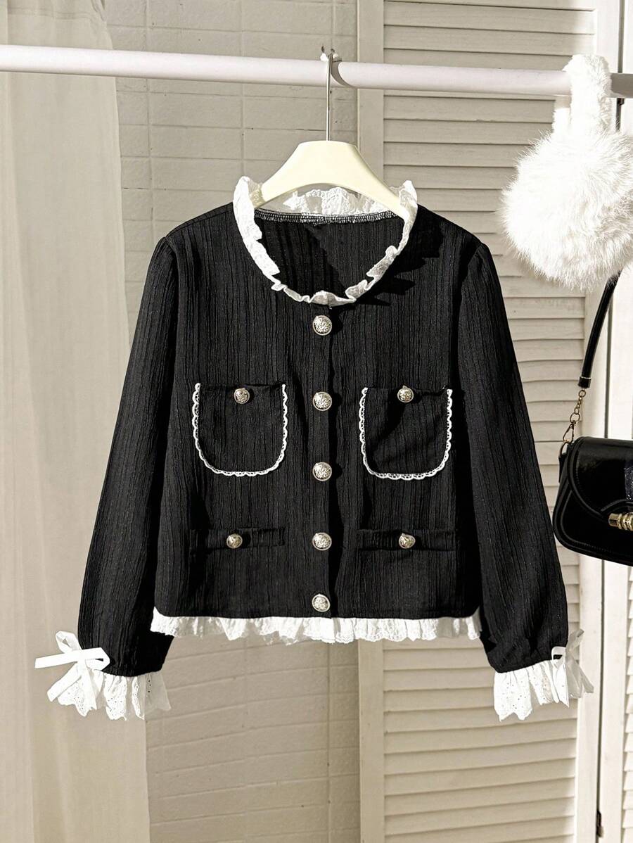 女童荷叶边下摆长袖纽扣设计夹克 - 黑與白 - 查看 1