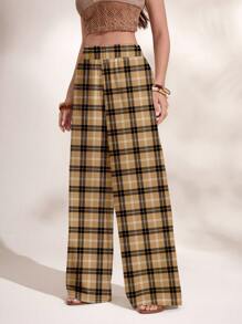 Shutterstock Glamance Women's Casual Elastic Waist Plaid Wide Leg Pants, Autumn Plaid Pants Checkered Pants High Waisted Plaid Pants Hawaii Outfits Women - Multicolor - View 3
