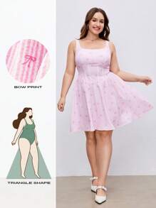 SHEIN MOD Đầm ngắn dễ thương họa tiết nơ sọc hồng cỡ lớn cho nữ - Hồng - Xem 1