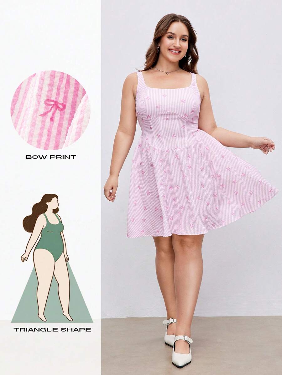 SHEIN MOD Đầm ngắn dễ thương họa tiết nơ sọc hồng cỡ lớn cho nữ - Hồng - Xem 1