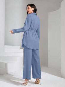 Mulvari Flap Pocket Drawstring Waist Shirt & Wide Leg Pants 2 Pieces Set Modest - Dusty Blue - View 2