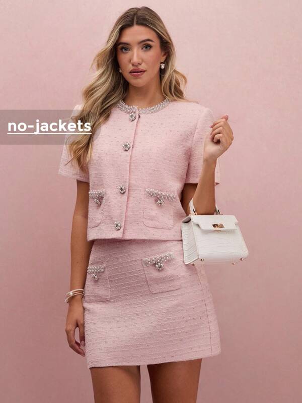 Enchnt Fall/Winter Romantic Women's Elegant Pink Tweed Pearl Embellished Mini Skirt,Sweet&Elegant&Fashionable For Vacation&Date&Holiday&Birthday&Party&Graduation&Wedding Guest&Office&Going Out,Back To School,Fall Skirt For Women,Autumn Clothes