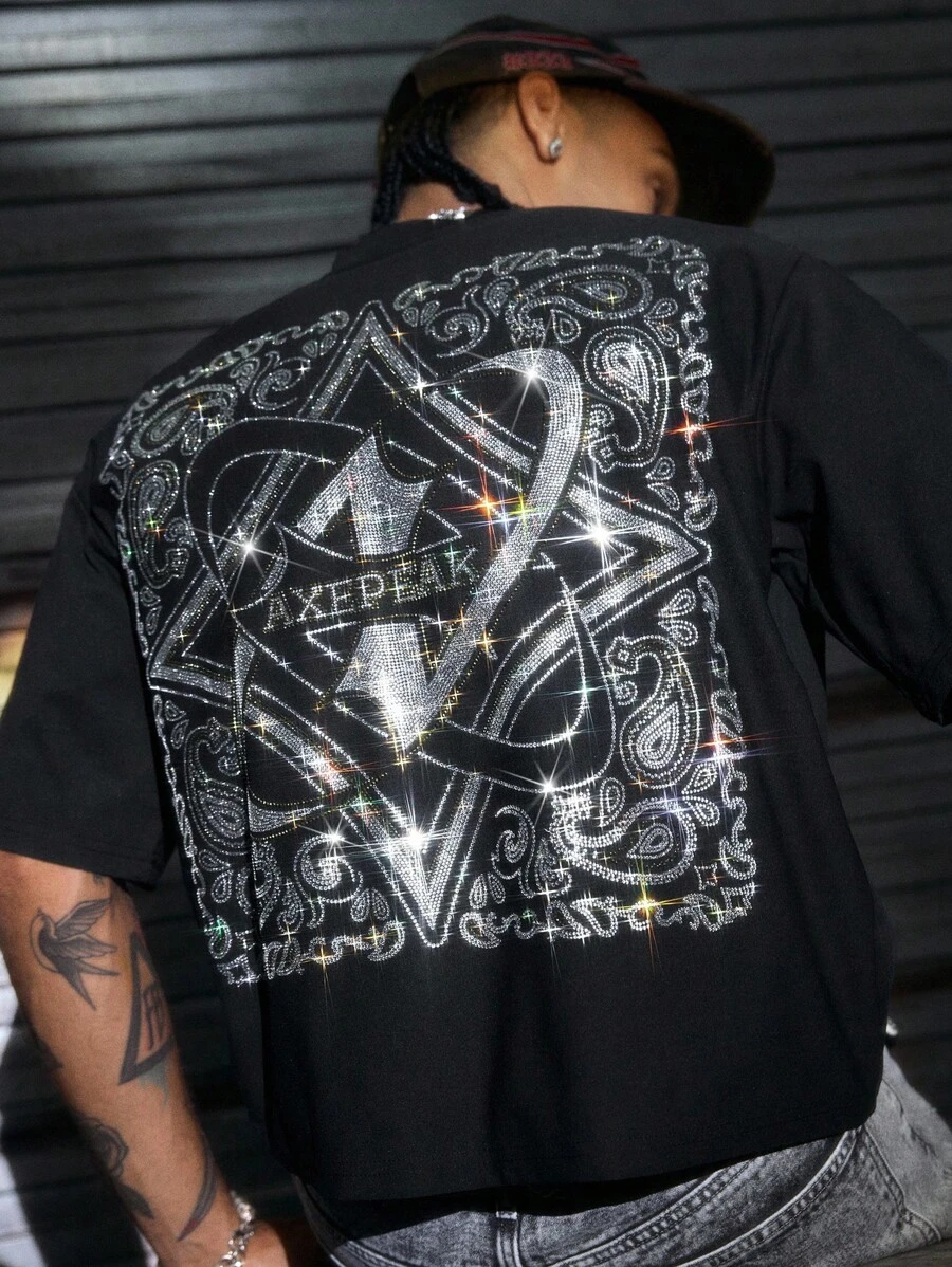 AXEPEAK Áo thun nam cổ tròn tay ngắn họa tiết hạt điều đính đá thời trang mùa hè, phong cách đường phố - màu đen - Xem 1