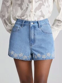 Slaydiva 女士夏季镂空刺绣牛仔短裤 - 中等水洗藍 - 查看 1