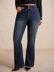 Elaquor Oversized Blue Jeans With A High Waist And Slim Fit. Comfortable And High-Stretch Denim. French And Elegant Flared Jeans Perfect For Autumn. - Dark Wash - View 4